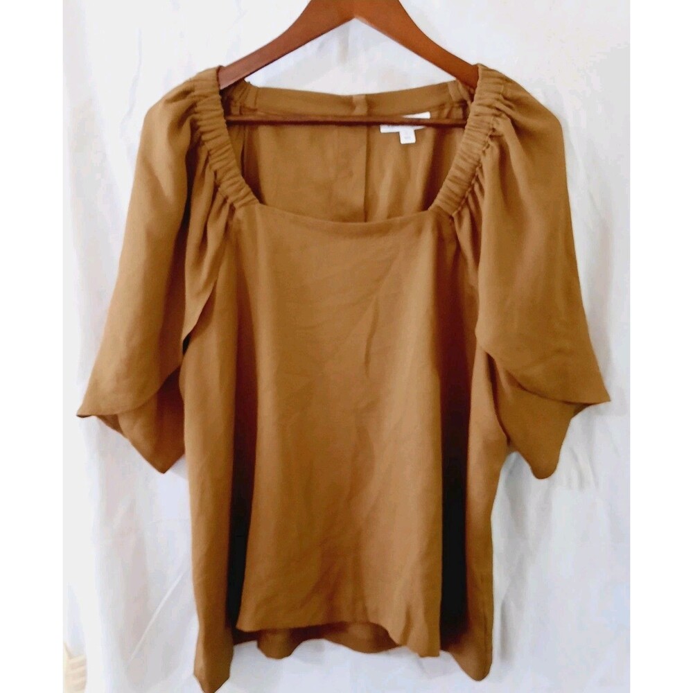 Prologue Womens Large Caramel Brown Tulip 3/4 Sleeve Square Neck Blouse